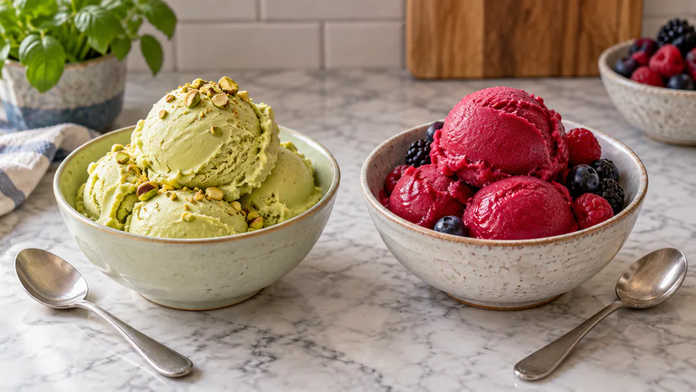 Two bowls from the Ninja Creami, gelato and fruit sorbet, with smooth, crystal-free textures.