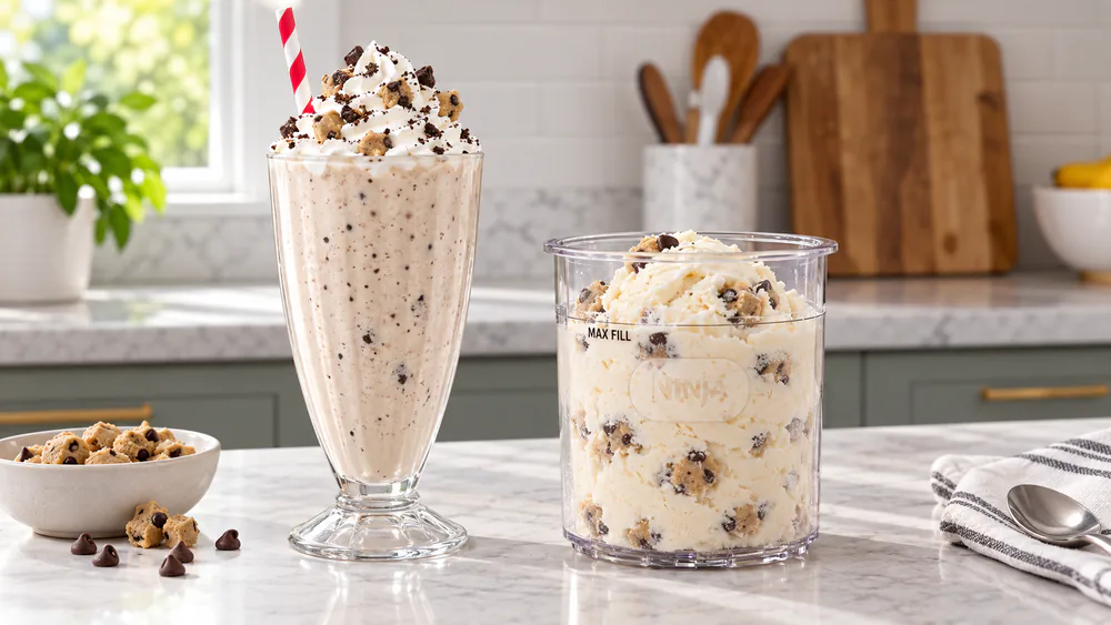 A Ninja Creami milkshake topped with whipped cream, and a pint with cookie dough chunks folded through by the Mix-In program.