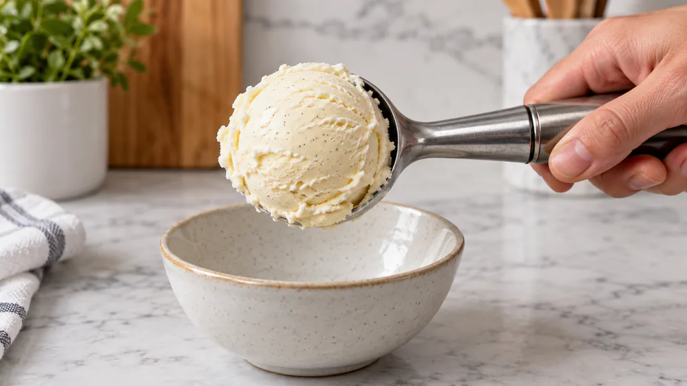 A scoop of Ninja Creami vanilla ice cream holding its shape, showing the scoopable texture straight from processing.