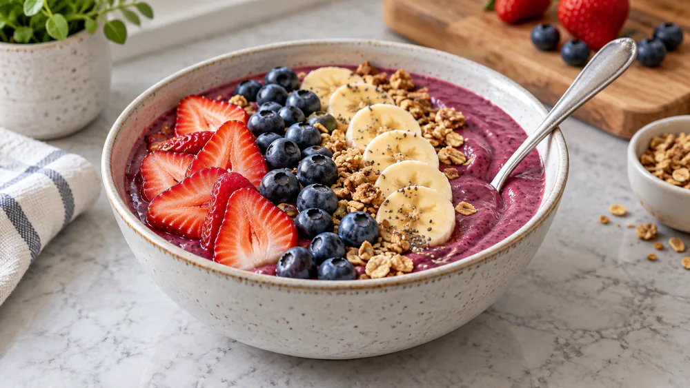 A smoothie bowl made in the Ninja Creami, thick and spoonable, topped with fresh fruit.