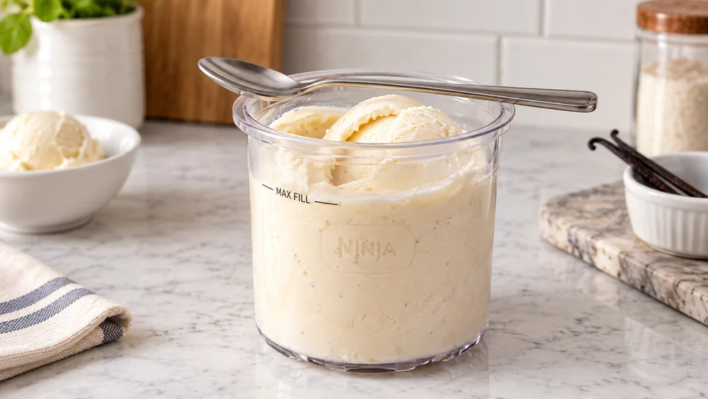 A freshly processed pint of vanilla ice cream from the Ninja Creami, smooth and scoopable, served with a spoon.