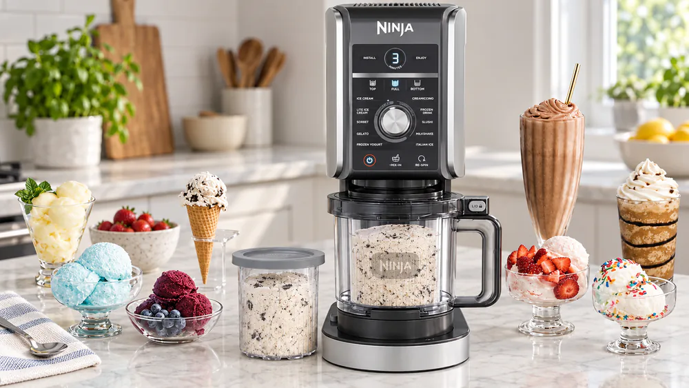 The NC501 control panel with 11 one-touch programs including Ice Cream, Sorbet, Gelato, and Mix-In.
