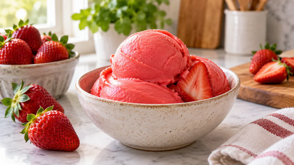 A bowl of bright pink strawberry sorbet made in the Ninja Creami Deluxe, smooth surface with no ice crystals.