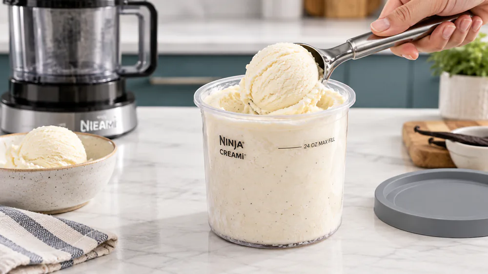 A spoon lifting a smooth scoop of vanilla ice cream from a Ninja Creami Deluxe 24-oz XL tub after a Re-spin.