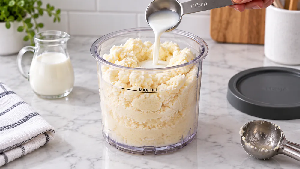A crumbly Ninja Creami pint getting a tablespoon of milk before Re-Spin.