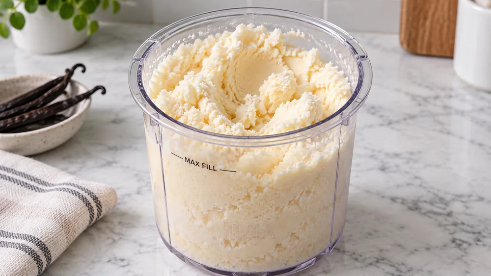 A close-up of a Ninja Creami pint after the first spin, showing shaved, crumbly ice cream particles on the surface.