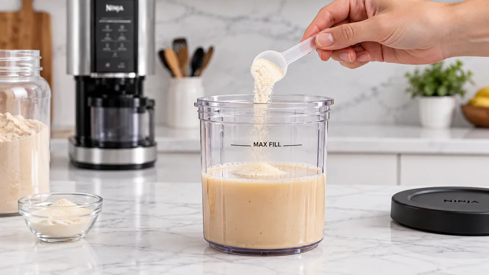 A scoop of xanthan gum added to a Ninja Creami protein base pint before freezing.