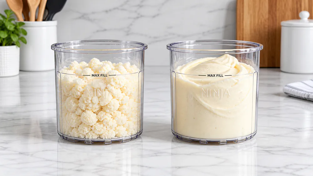 Two Ninja CREAMi pints side by side, one showing a dry crumbly first spin like Dippin Dots and the other smooth and creamy after a re-spin.