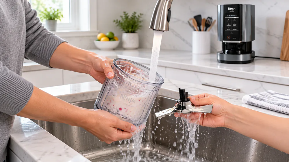 A Ninja CREAMi pint and Creamerizer Paddle being rinsed under warm running water in a kitchen sink right after spinning a batch.
