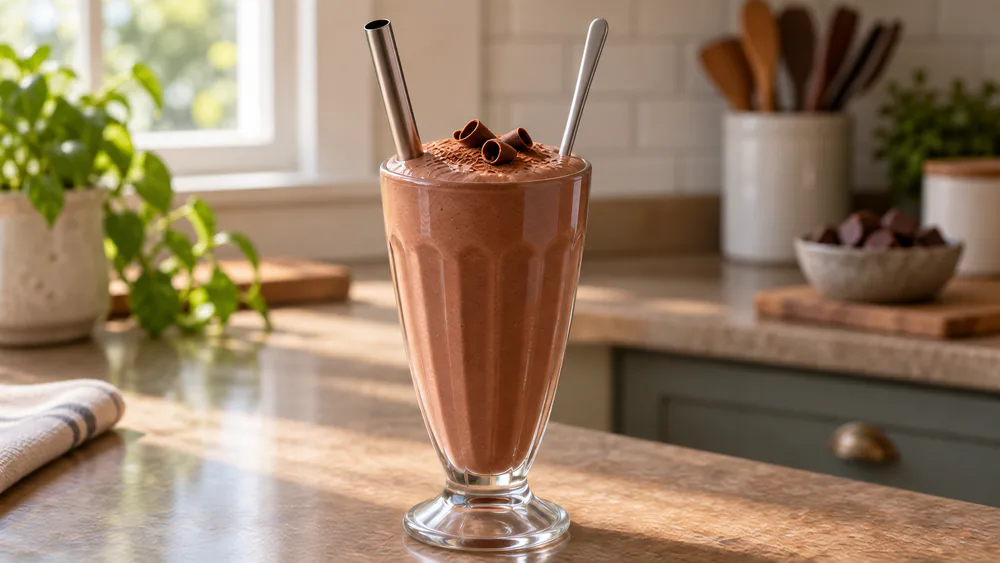 A thick chocolate Ninja Creami milkshake in a tall glass with a wide straw, a spoon standing upright in the shake to show the thickness.