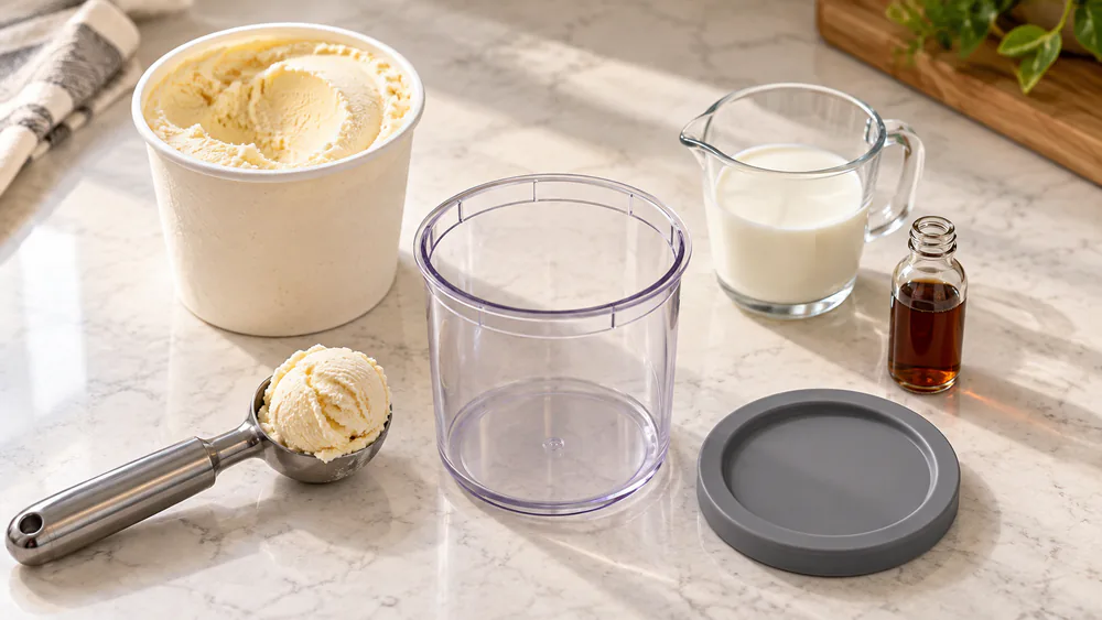 A Ninja Creami pint jar beside a tub of vanilla ice cream, a measuring cup of whole milk, and a bottle of vanilla extract on a kitchen counter.