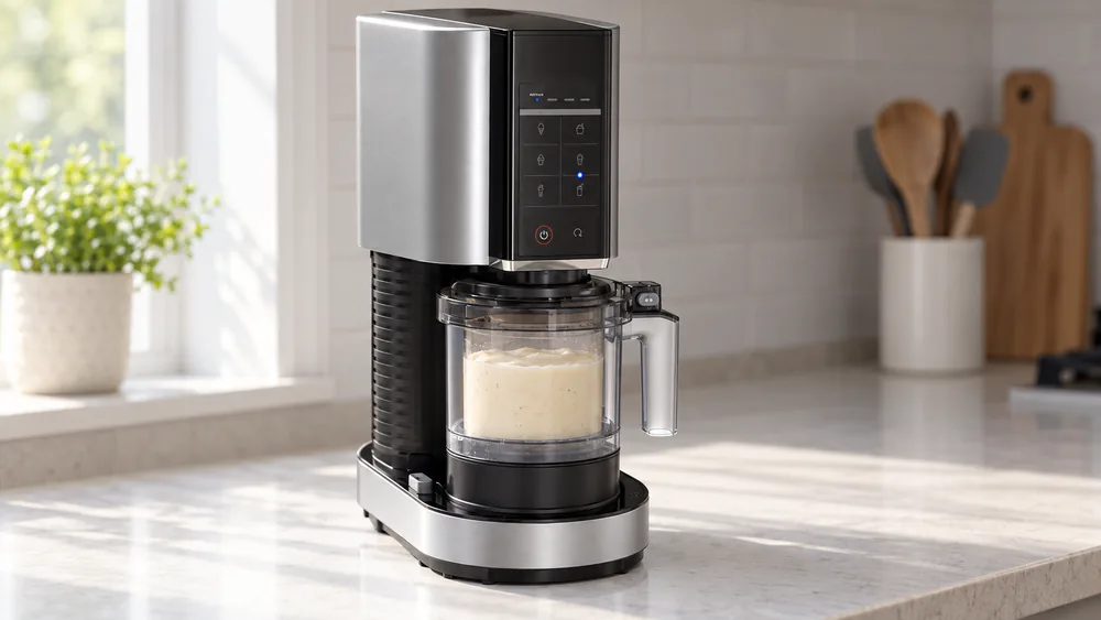A Ninja Creami pint jar filled with ice cream and milk, locked into the machine mid-spin, with the Milkshake button lit.