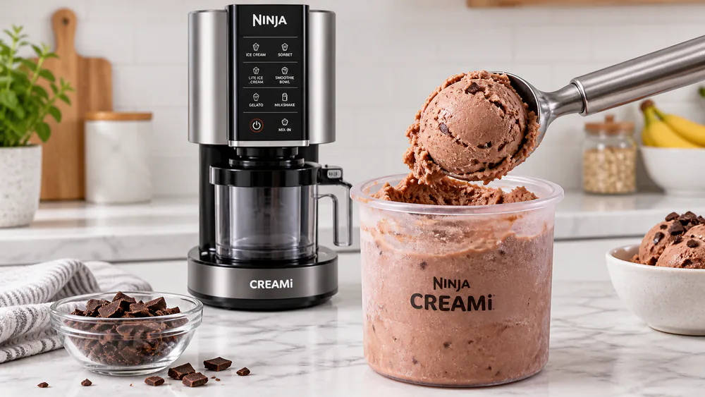 A spoon lifting a scoop of creamy chocolate protein ice cream from a Ninja CREAMi pint, smooth soft-serve texture visible after a Re-spin.