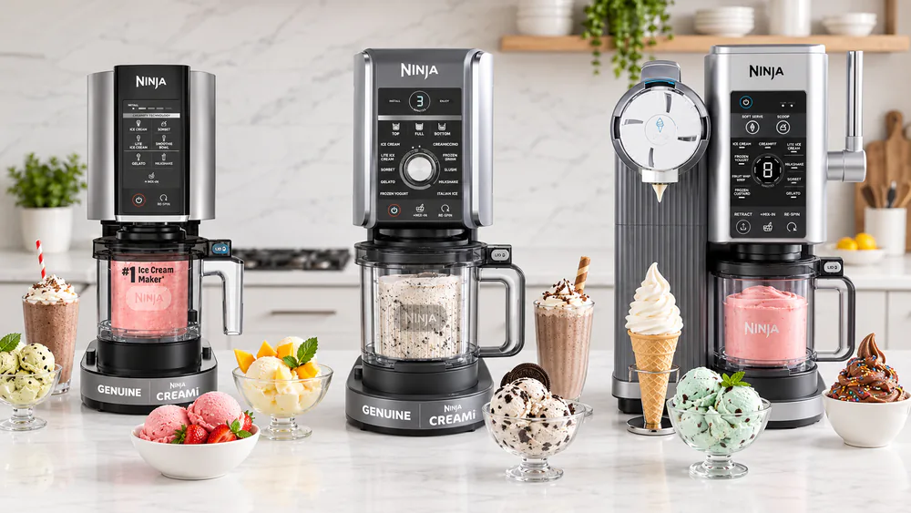 The three Ninja CREAMi models lined up on a counter, the tall narrow original NC301, the larger Deluxe NC501, and the Swirl NC701 with its dispensing handle.