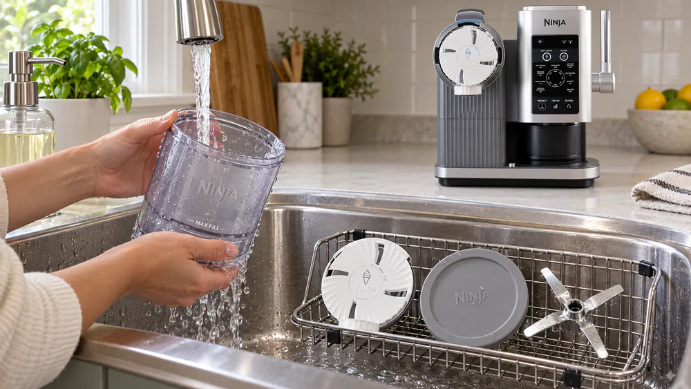 The Ninja CREAMi Swirl's pint, nozzle, lid, and swirl handle laid out after washing, top-rack dishwasher-safe parts on a drying rack.