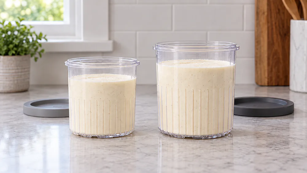 A 16 oz Ninja Creami pint standing next to a 24 oz Ninja Creami Deluxe XL tub on a counter, both filled with a frozen base ready to spin, showing the height and width difference.