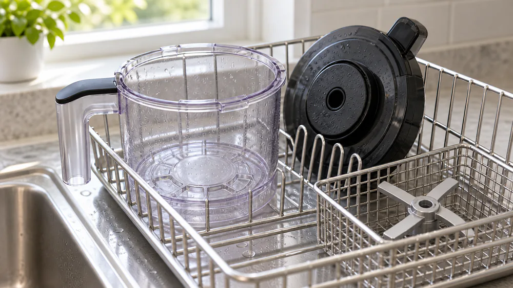 A Ninja Creami Creamerizer paddle, outer bowl, and lid drying on a dish rack after washing, coating and blade edges intact with no visible wear.
