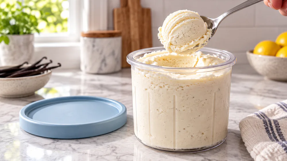 A finished pint of vanilla ice cream made in the Ninja Creami XL, scooped onto a spoon with a smooth, scoopable texture.