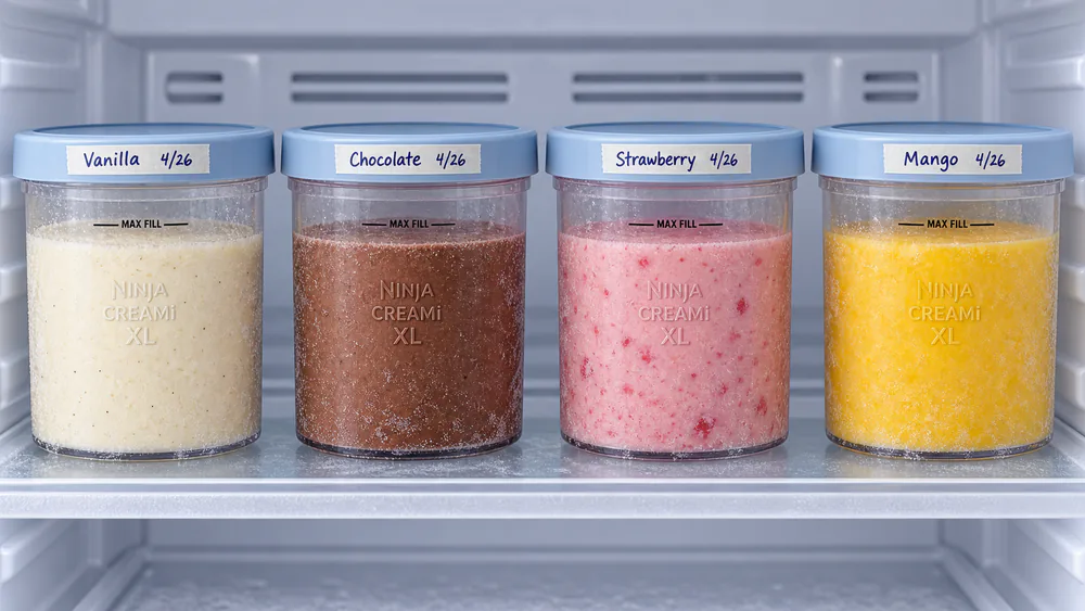 Four Ninja Creami XL tubs of different frozen test bases arranged in a freezer, each lid labeled with the base type and freeze date.