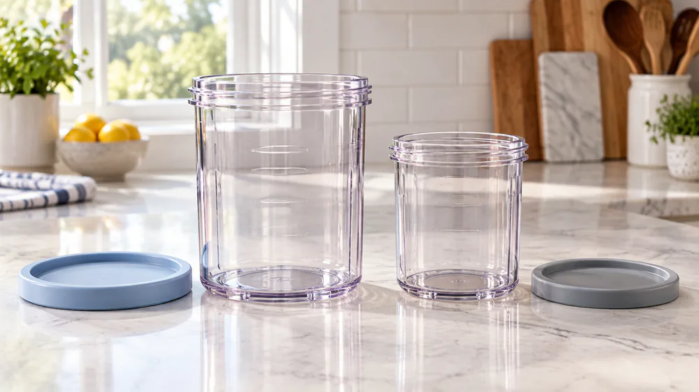 A 24-ounce Ninja Creami XL tub with its storage lid standing beside the original 16-ounce Creami pint, showing the size difference between the two containers.