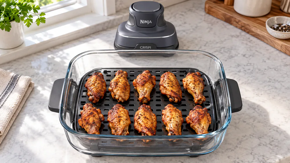 Ten chicken wings laid flat on the crisper plate inside the Ninja Crispi 4-qt glass container.