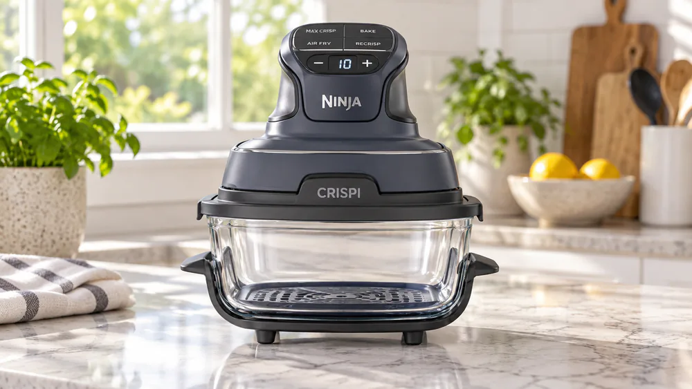 The Ninja Crispi PowerPod control panel with its four preset buttons and time dial.