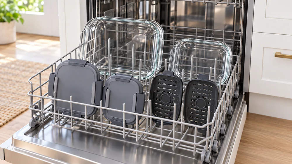 Ninja Crispi glassware loaded into a dishwasher rack.