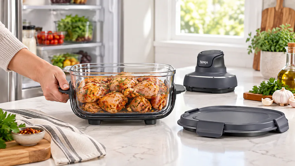 The same Ninja Crispi glass container going from fridge to fryer with marinated chicken, lid set aside.