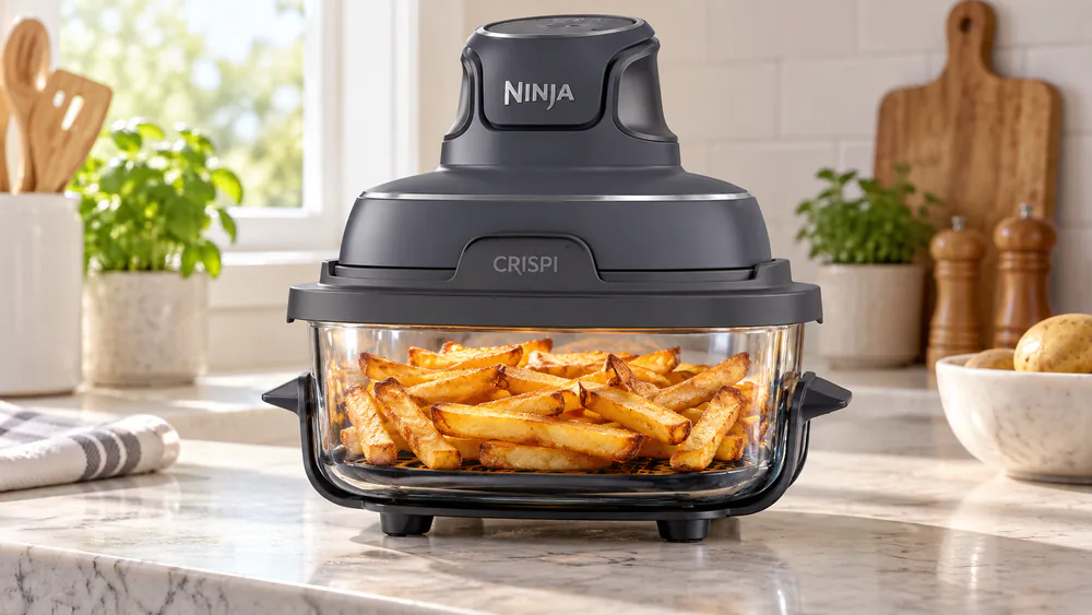 Golden frozen fries in the Ninja Crispi 4-qt glass container, edges browning through the glass.
