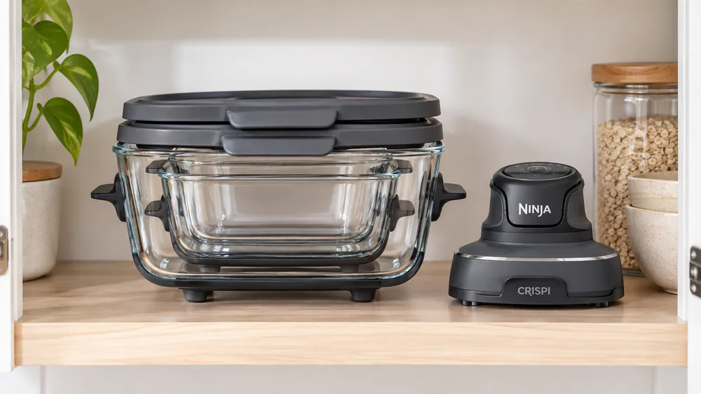 The Crispi pod and containers nested on one cupboard shelf.