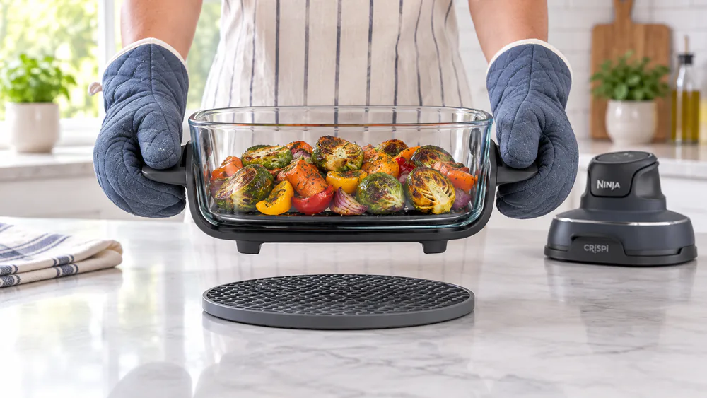 Hands in oven mitts lifting the hot 4-qt glass container out of the Ninja Crispi.