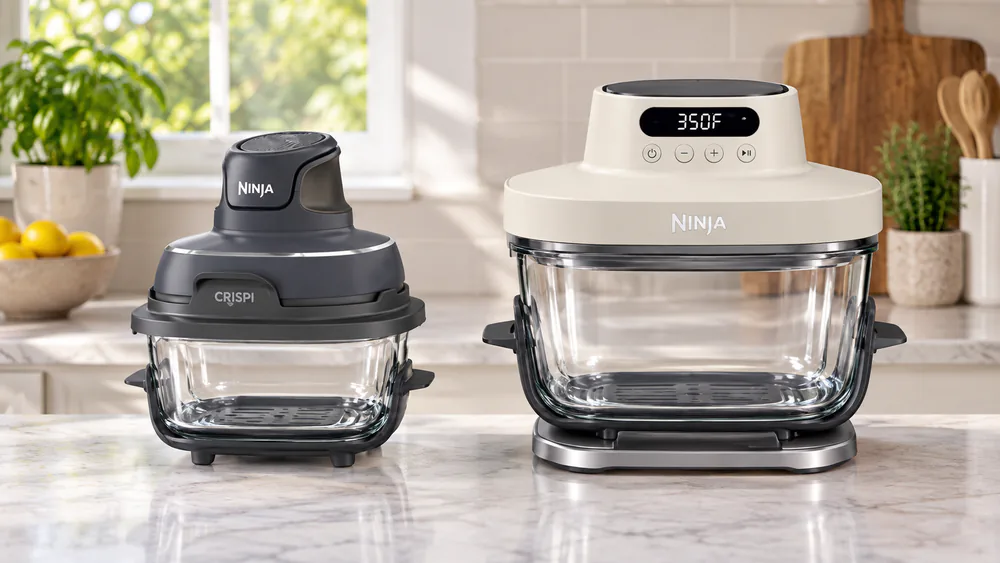 The portable Ninja Crispi next to the larger Ninja Crispi Pro.
