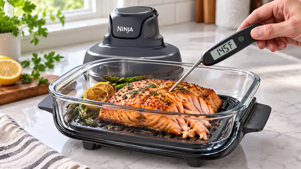 Salmon at 145F in the Ninja Crispi glass container, flaking cleanly.