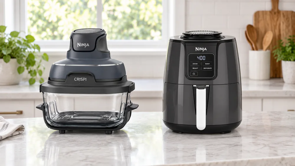 The Ninja Crispi glass air fryer next to a Ninja AF101 basket fryer.