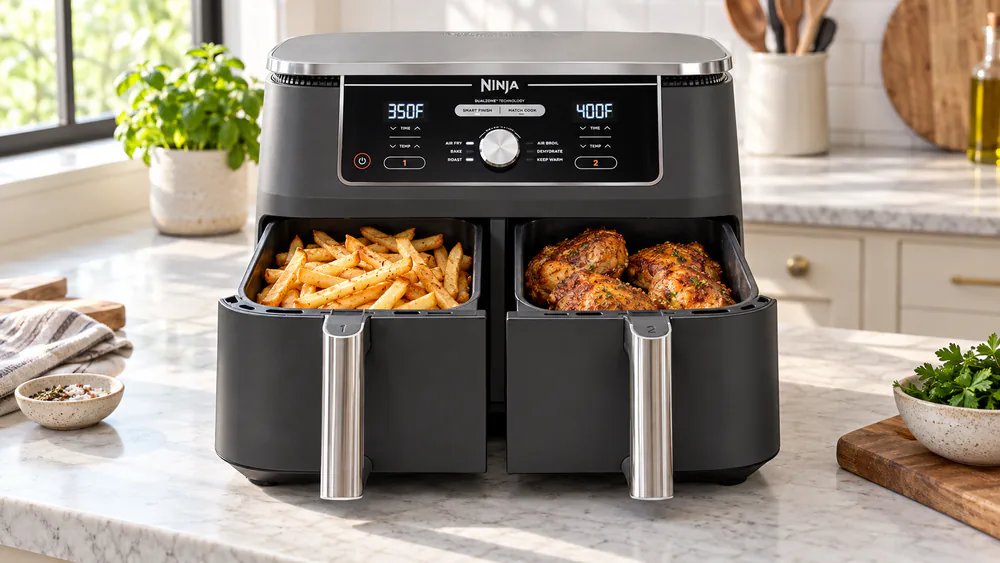 The Ninja DZ401 with its two 5-quart baskets pulled out, fries in one basket and chicken in the other.