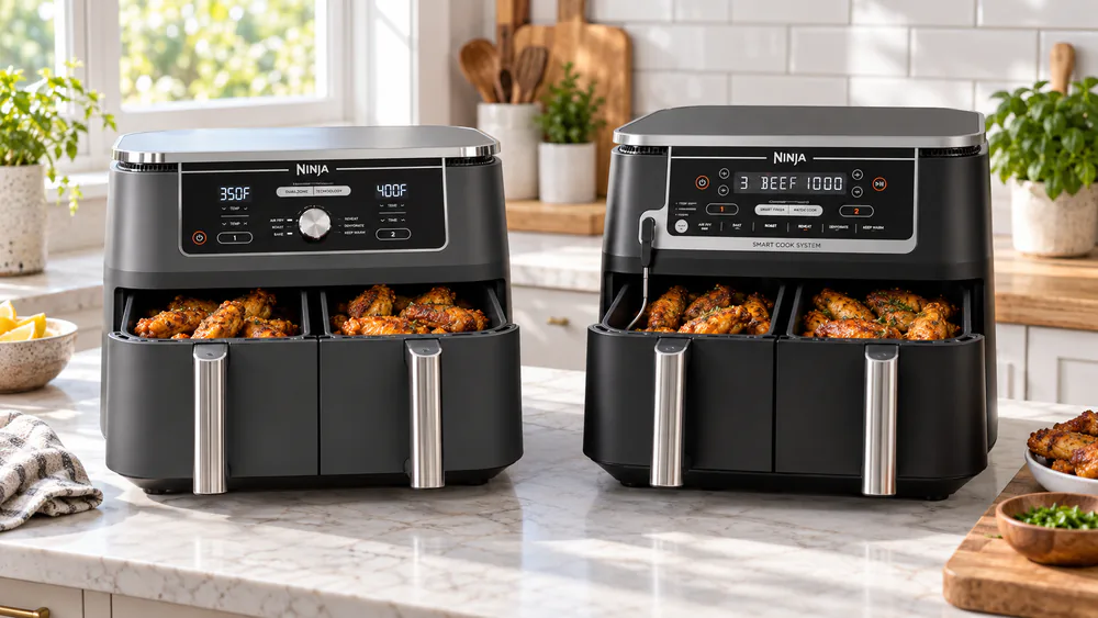 The Ninja DZ401 and Ninja DZ550 side by side on a counter, both loaded with chicken wings.