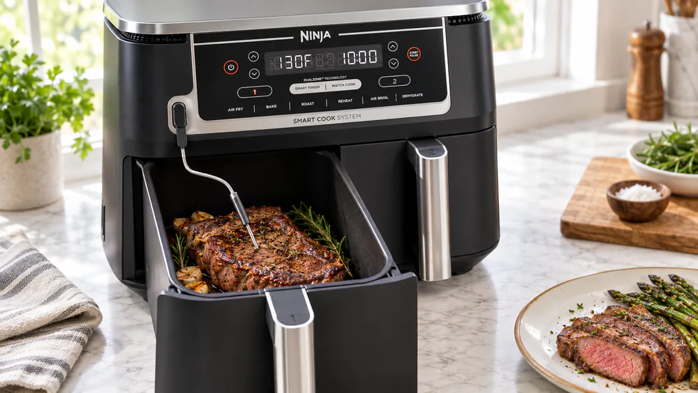 Close-up of the Ninja DZ550 probe inserted into a steak in the air fryer basket.