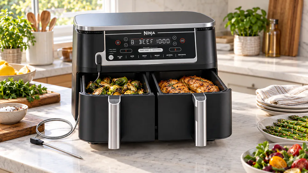 The Ninja DZ550 on a test kitchen counter with its probe beside the pulled-out baskets.