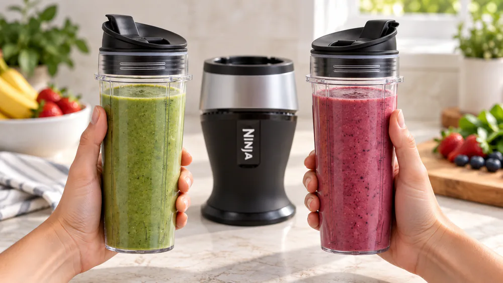 Two 16-ounce Ninja Fit blending cups with spout to-go lids held up side by side.