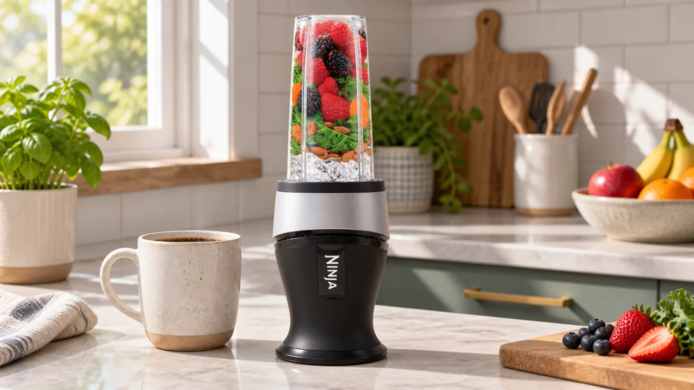 The compact Ninja Fit blender on a kitchen counter next to a coffee mug, showing its small footprint.