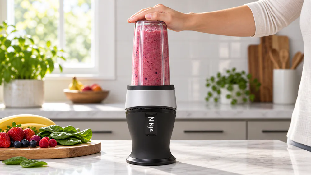 A hand pressing down on a Ninja Fit cup to run the motor, showing push-to-blend.