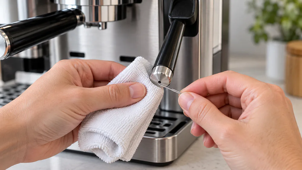 A hand wiping the Ninja Luxe Café steam wand tip with a damp cloth and clearing the small steam jet hole with a straightened paperclip.