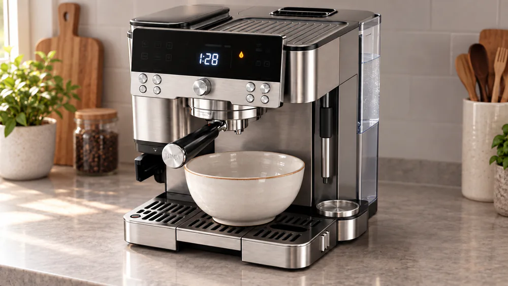 The Ninja Luxe Café control panel mid-descale, counting down the roughly 90-minute cycle with descaling solution filled to the Descale line.