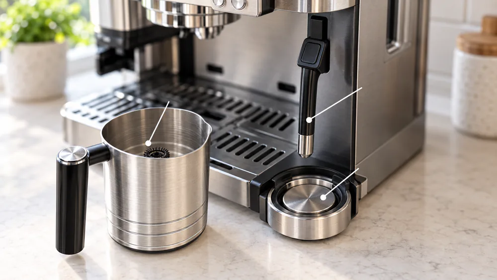 The Ninja Luxe Café ES601 milk jug, retractable steam wand, and sensing platform separated and labeled to show the Dual Froth System parts.