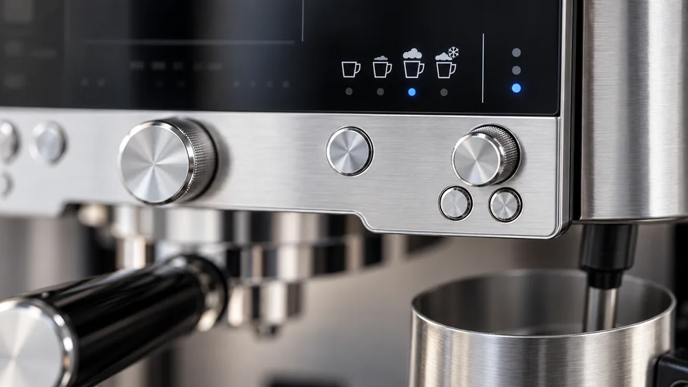 The Ninja Luxe Café froth style controls showing the Steamed, Thin Foam, Thick Foam, and Cold Foam presets on the panel.