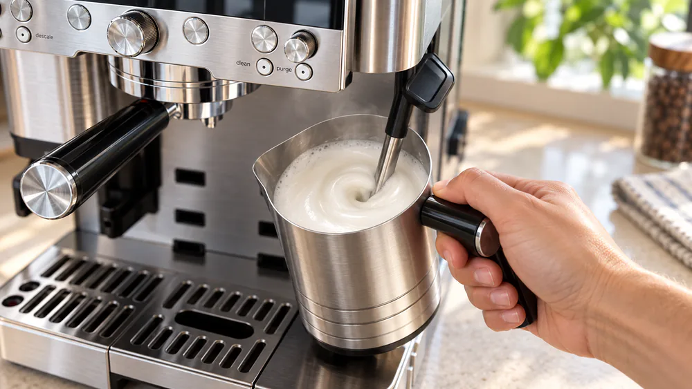 The Ninja Luxe Café steam wand pulled out and angled into a milk jug for manual frothing, the tip held just below the milk surface forming a whirlpool.
