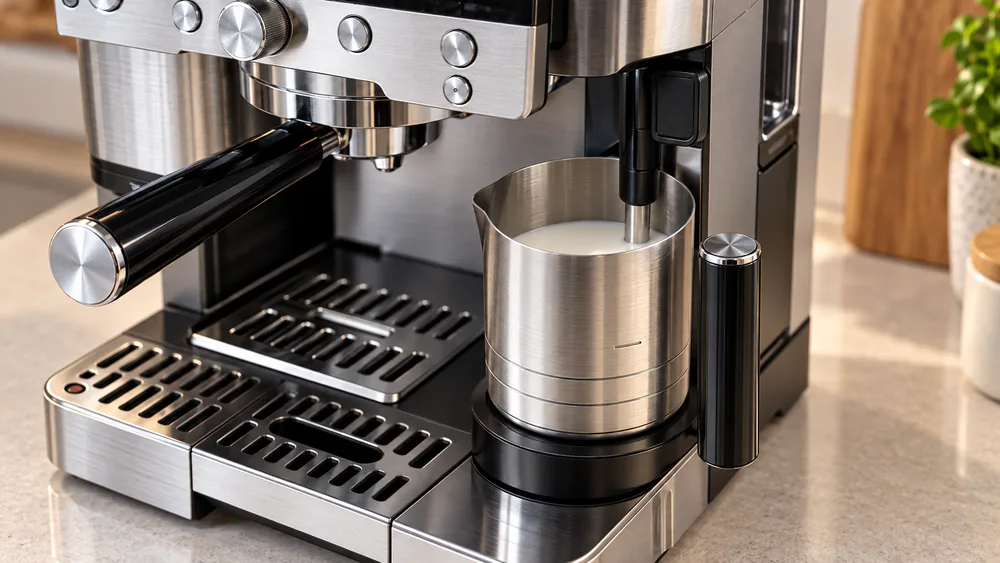 A milk jug seated squarely on the Ninja Luxe Café sensing platform with the steam wand inserted, milk filled between the MIN and MAX lines.