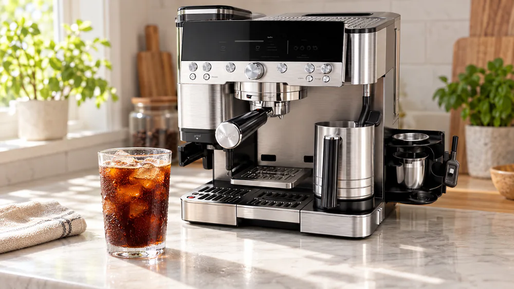 A glass of freshly made cold brew from the Ninja Luxe Café over ice, condensation on the glass, machine in the background.
