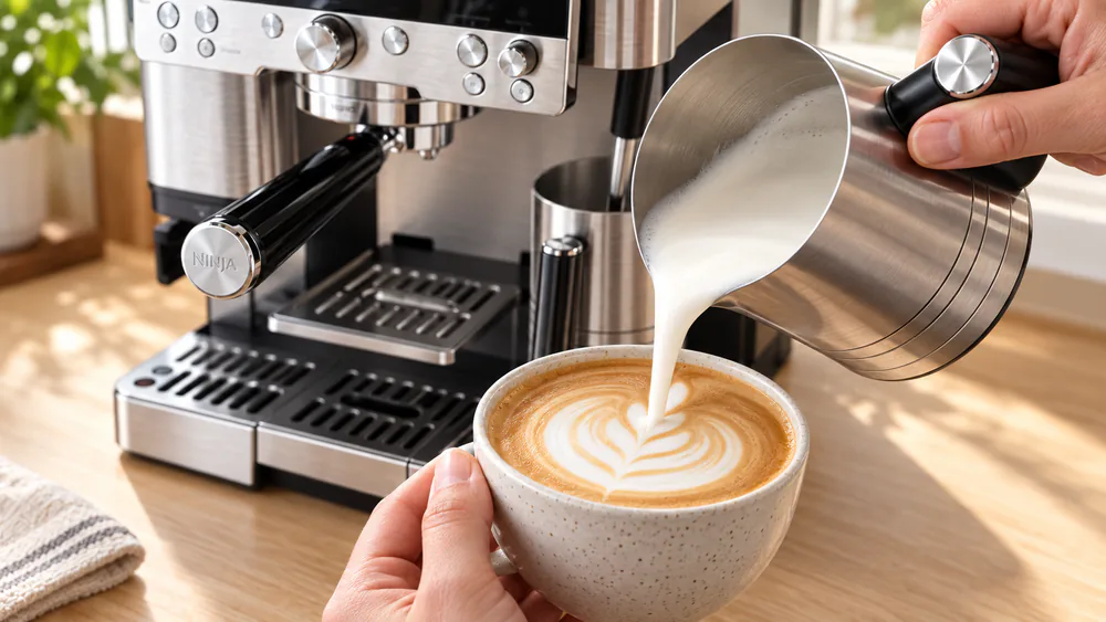 Glossy microfoam being poured from the Ninja Luxe Café frothing jug into a latte, showing smooth latte-art-ready texture.