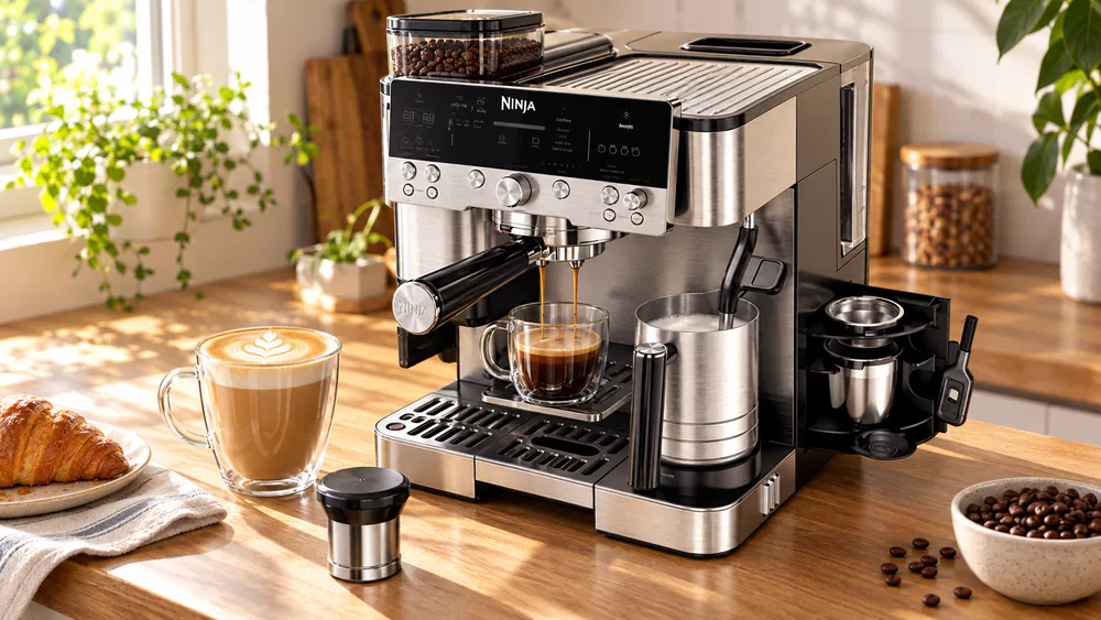 The Ninja Luxe Café in use on a home kitchen counter during a morning routine, a finished latte beside it and beans in the hopper.